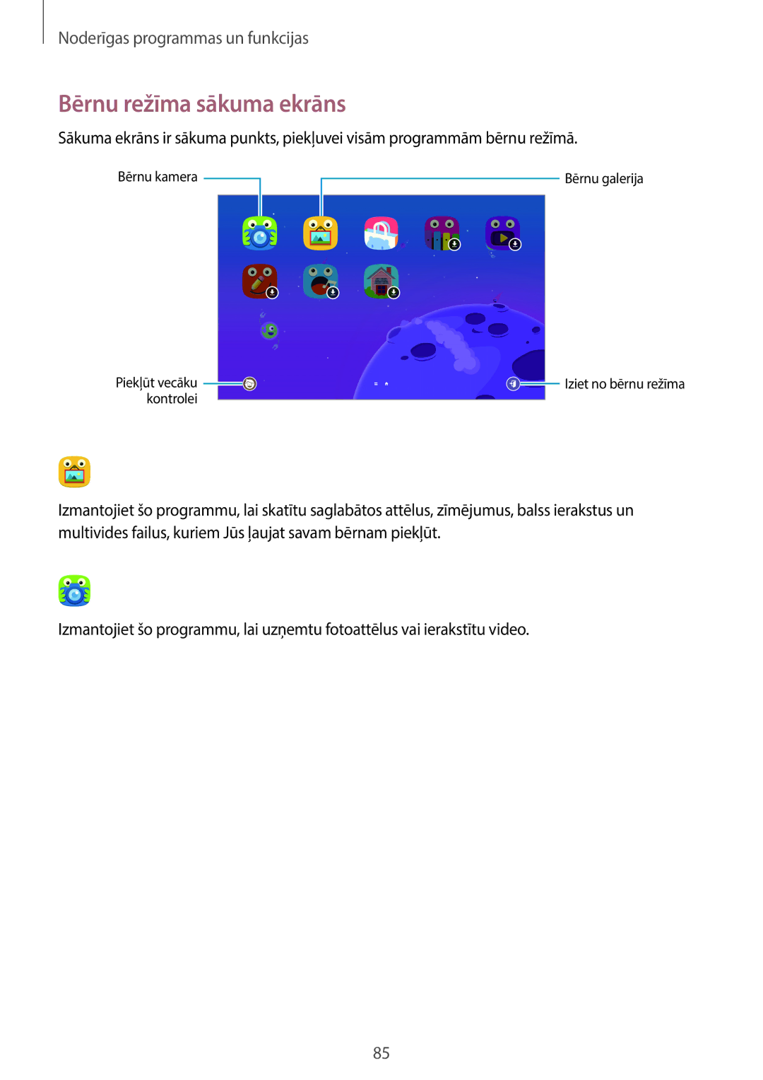 Samsung SM-T700NZWASEB, SM-T800NTSASEB, SM-T800NZWASEB, SM-T700NTSASEB, SM-T800NHAASEB manual Bērnu režīma sākuma ekrāns 