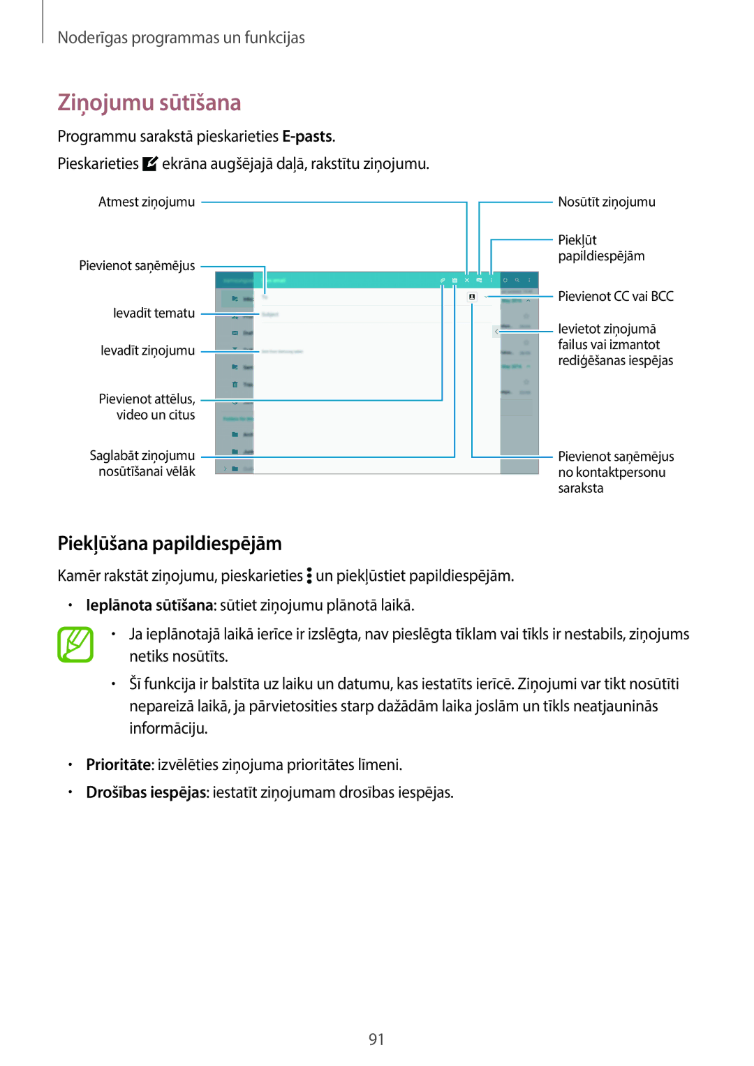 Samsung SM-T800NTSASEB, SM-T700NZWASEB, SM-T800NZWASEB, SM-T700NTSASEB manual Ziņojumu sūtīšana, Piekļūšana papildiespējām 