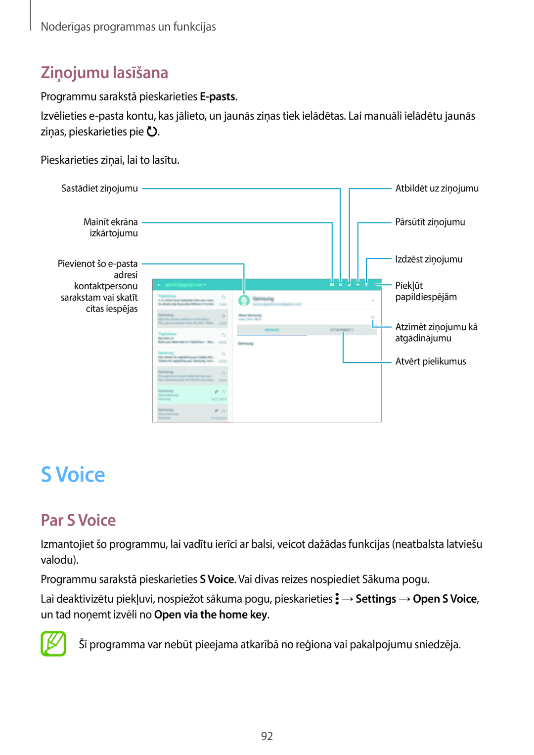 Samsung SM-T800NZWASEB, SM-T700NZWASEB, SM-T800NTSASEB, SM-T700NTSASEB, SM-T800NHAASEB Ziņojumu lasīšana, Par S Voice 