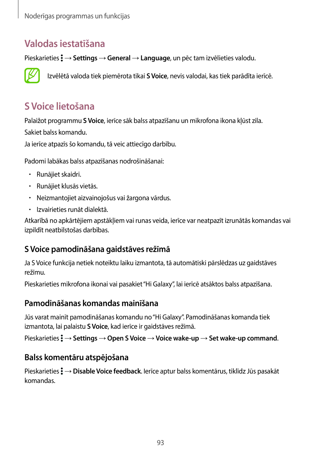 Samsung SM-T700NTSASEB, SM-T700NZWASEB manual Valodas iestatīšana, Voice lietošana, Voice pamodināšana gaidstāves režīmā 