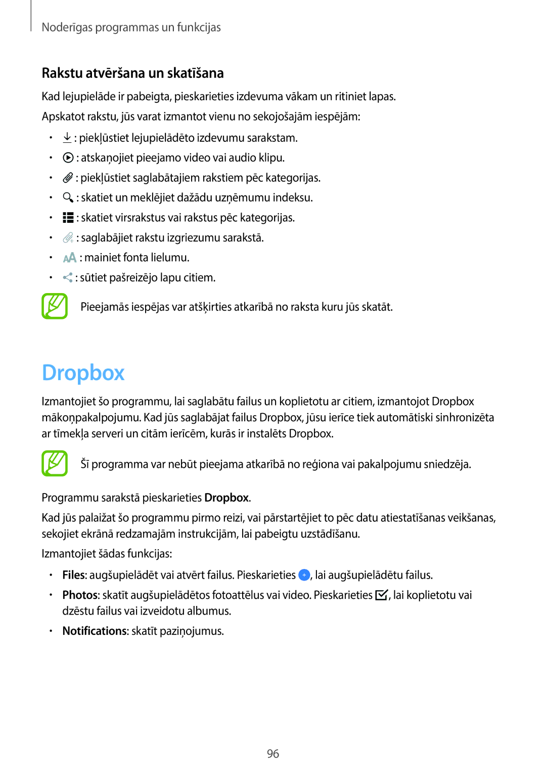 Samsung SM-T800NTSASEB, SM-T700NZWASEB, SM-T800NZWASEB, SM-T700NTSASEB, SM-T800NHAASEB Dropbox, Rakstu atvēršana un skatīšana 