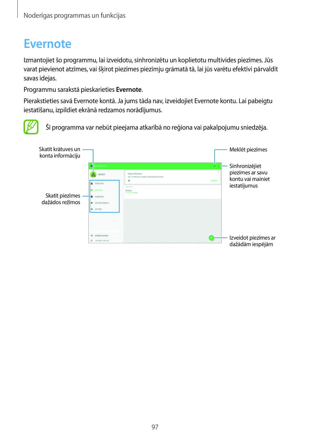 Samsung SM-T800NZWASEB, SM-T700NZWASEB, SM-T800NTSASEB, SM-T700NTSASEB, SM-T800NHAASEB manual Evernote, Meklēt piezīmes 