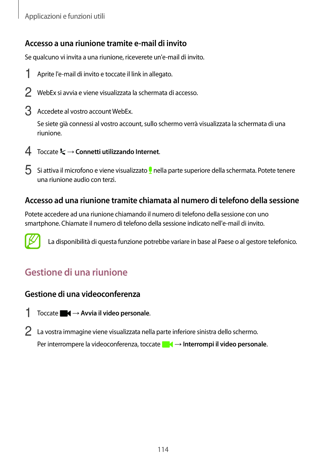 Samsung SM-T700NZWAITV, SM-T700NZWATUR manual Gestione di una riunione, Accesso a una riunione tramite e-mail di invito 