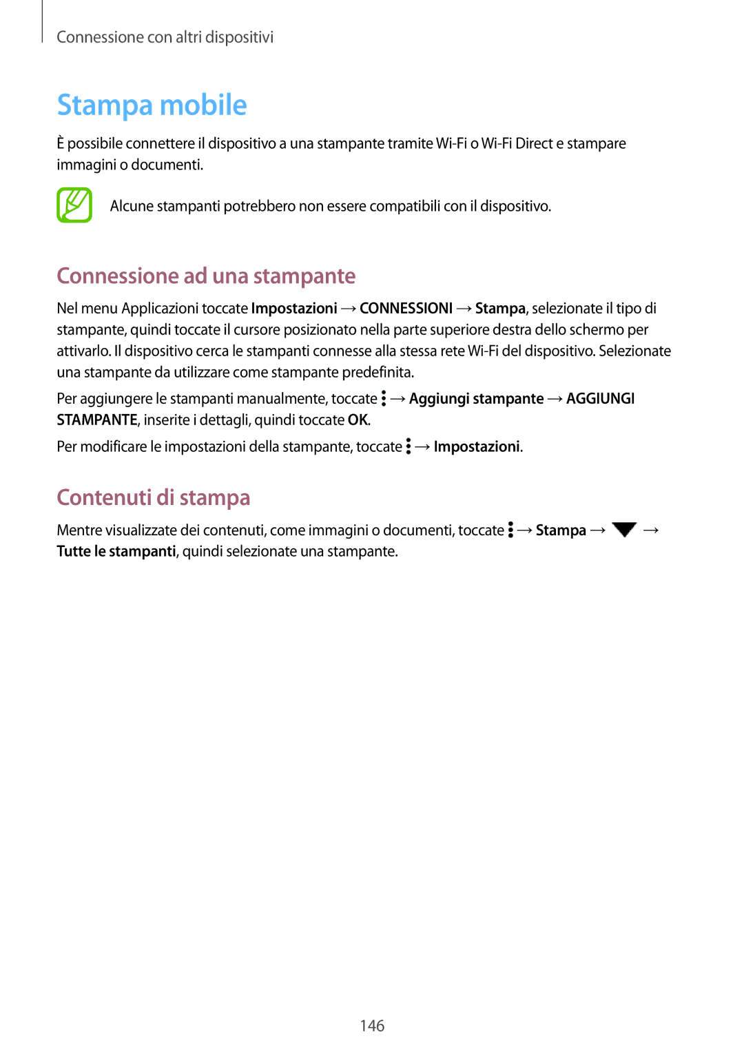 Samsung SM-T700NTSATUR, SM-T700NZWATUR, SM-T700NTSAXEO Stampa mobile, Connessione ad una stampante, Contenuti di stampa 