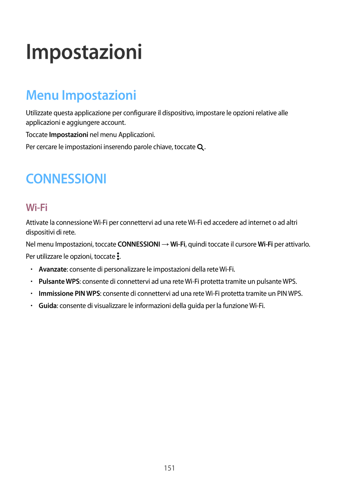 Samsung SM-T700NTSATUR, SM-T700NZWATUR, SM-T700NTSAXEO, SM-T700NTSAITV, SM-T700NZWAITV manual Menu Impostazioni 