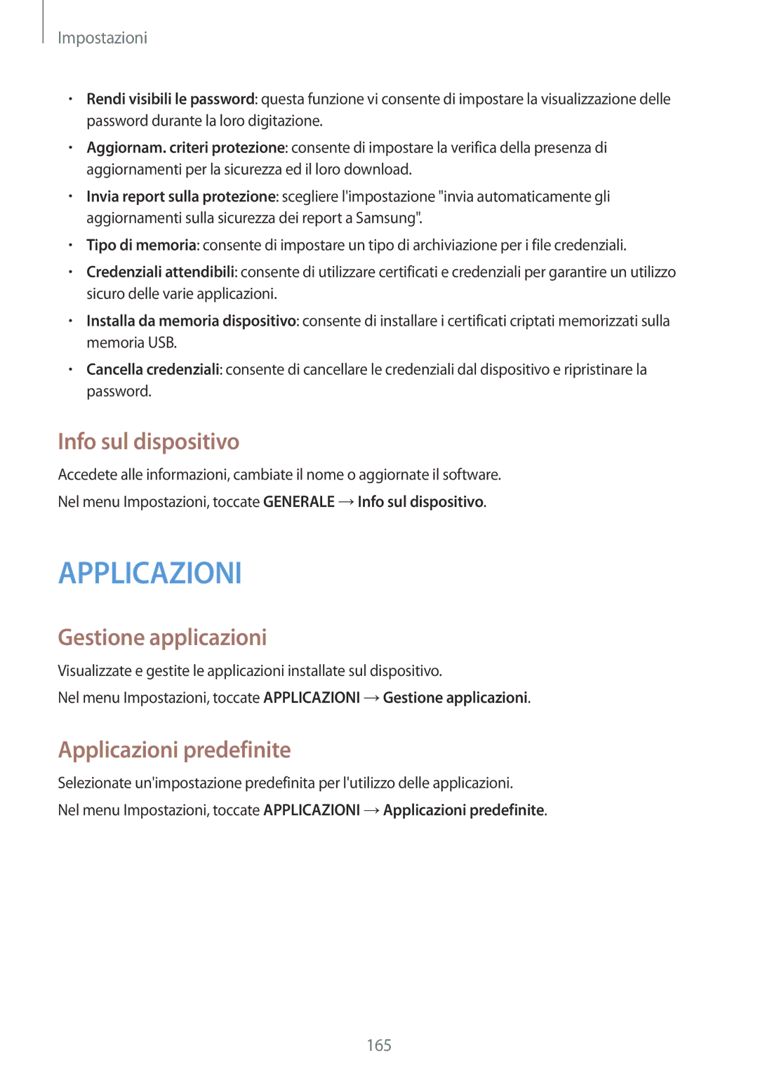 Samsung SM-T700NZWATUR, SM-T700NTSATUR manual Info sul dispositivo, Gestione applicazioni, Applicazioni predefinite 