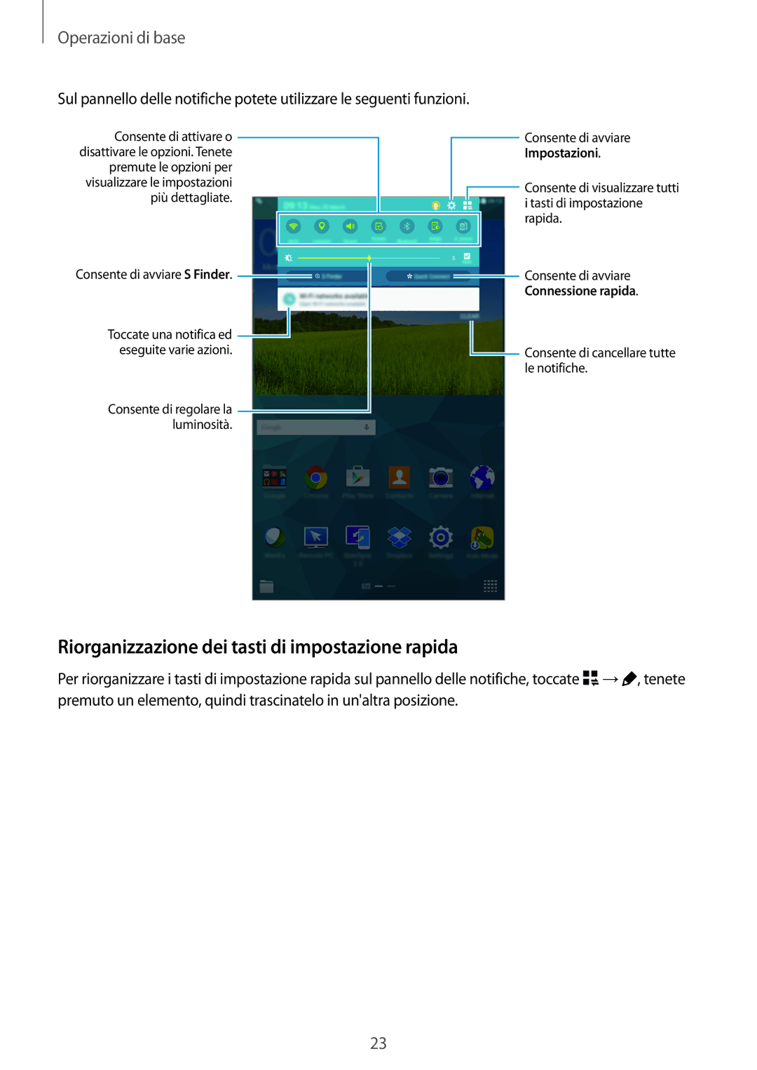 Samsung SM-T700NTSAITV, SM-T700NZWATUR, SM-T700NTSATUR manual Riorganizzazione dei tasti di impostazione rapida, Impostazioni 