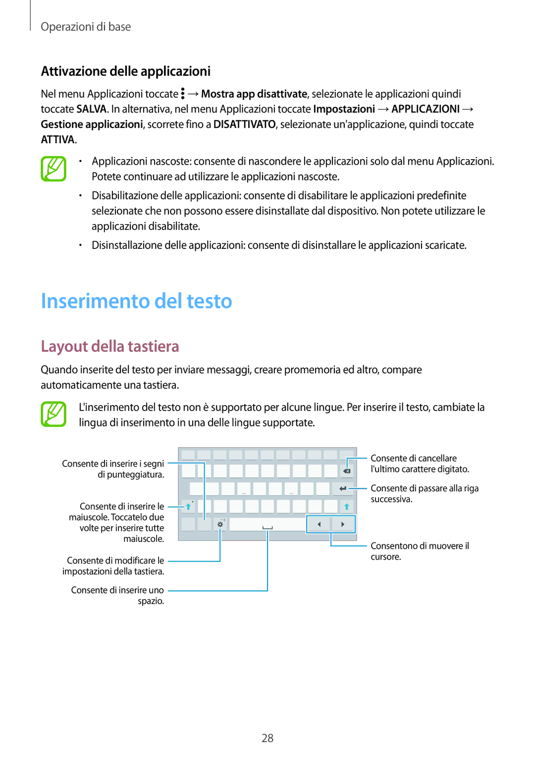 Samsung SM-T700NTSAITV, SM-T700NZWATUR manual Inserimento del testo, Layout della tastiera, Attivazione delle applicazioni 