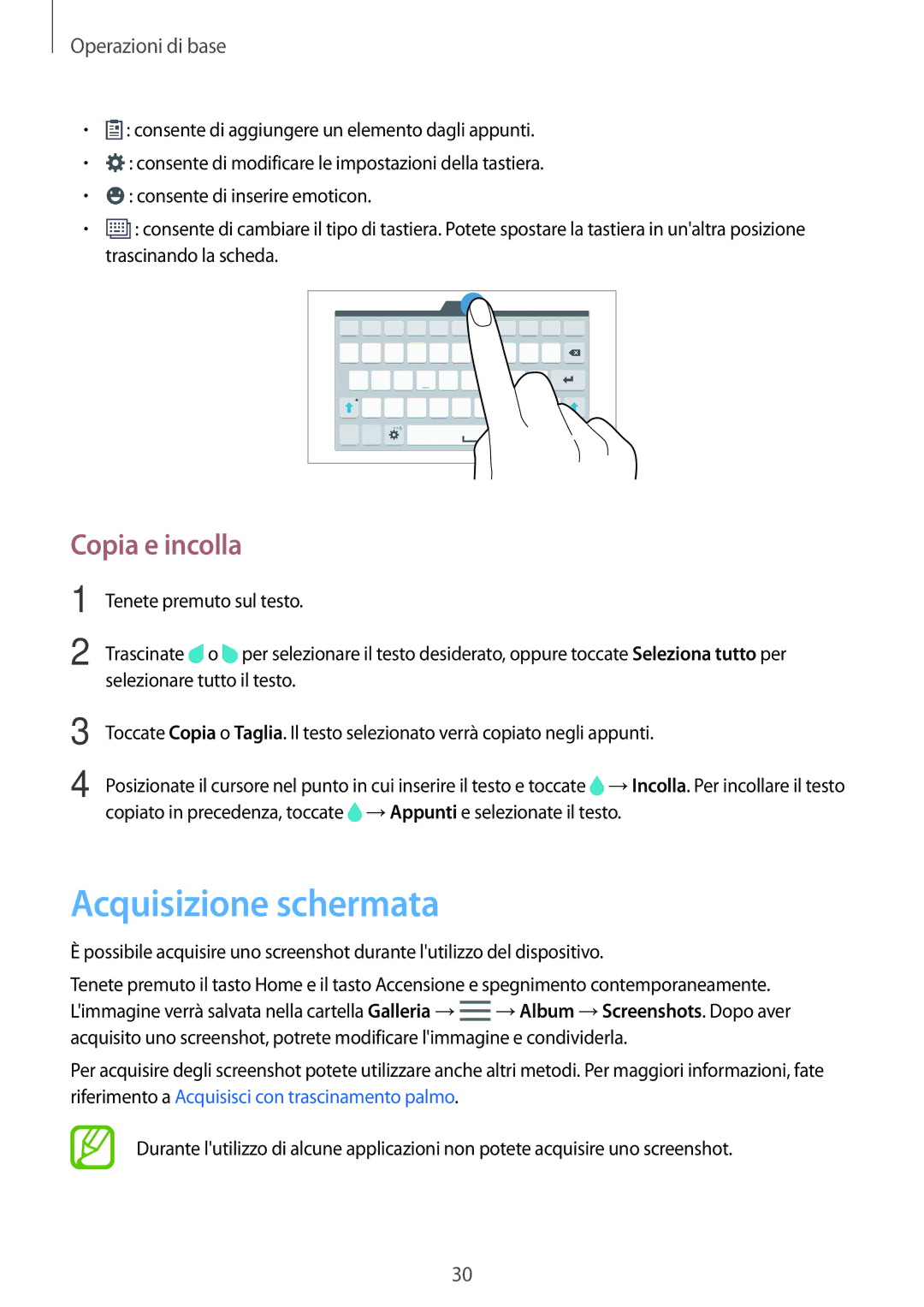 Samsung SM-T700NZWATUR, SM-T700NTSATUR, SM-T700NTSAXEO, SM-T700NTSAITV manual Acquisizione schermata, Copia e incolla 