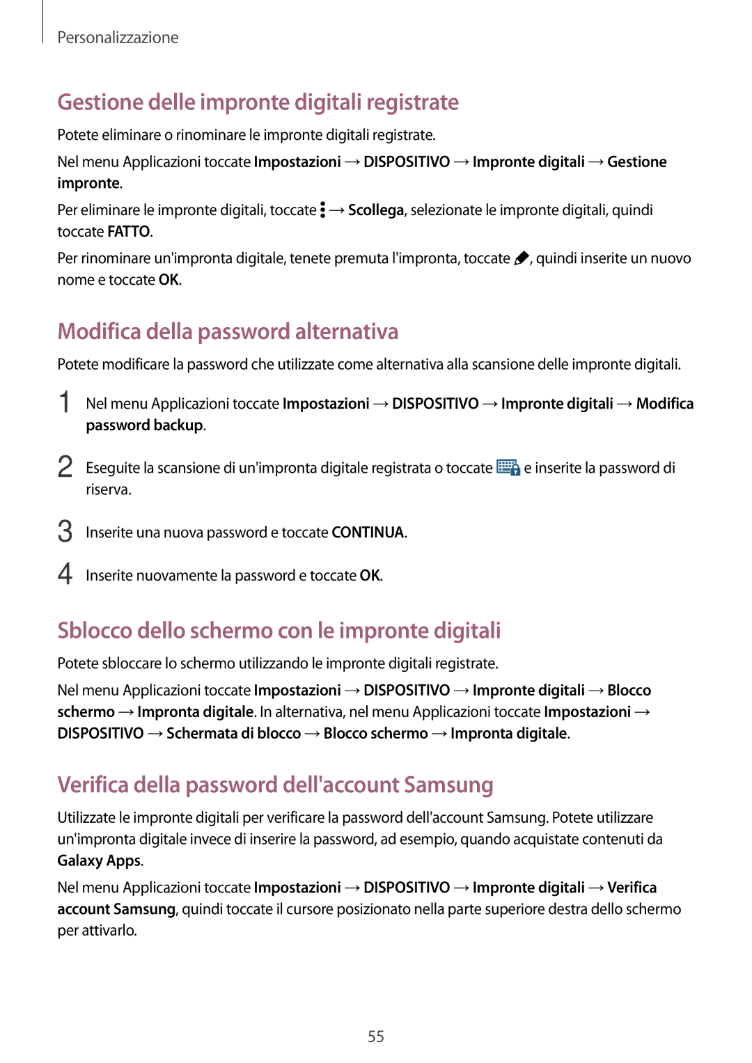 Samsung SM-T700NZWATUR, SM-T700NTSATUR Gestione delle impronte digitali registrate, Modifica della password alternativa 