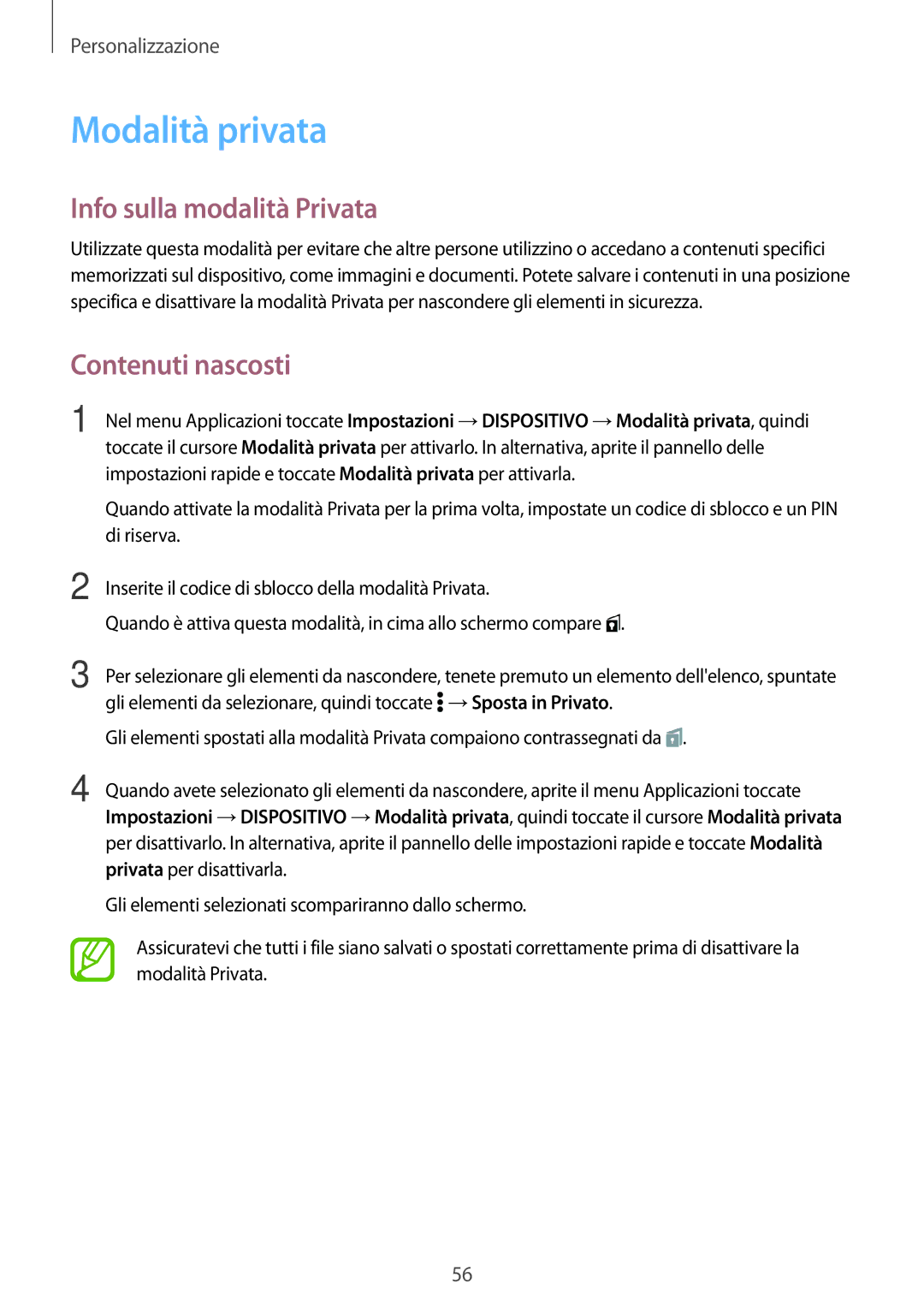 Samsung SM-T700NTSATUR, SM-T700NZWATUR, SM-T700NTSAXEO Modalità privata, Info sulla modalità Privata, Contenuti nascosti 