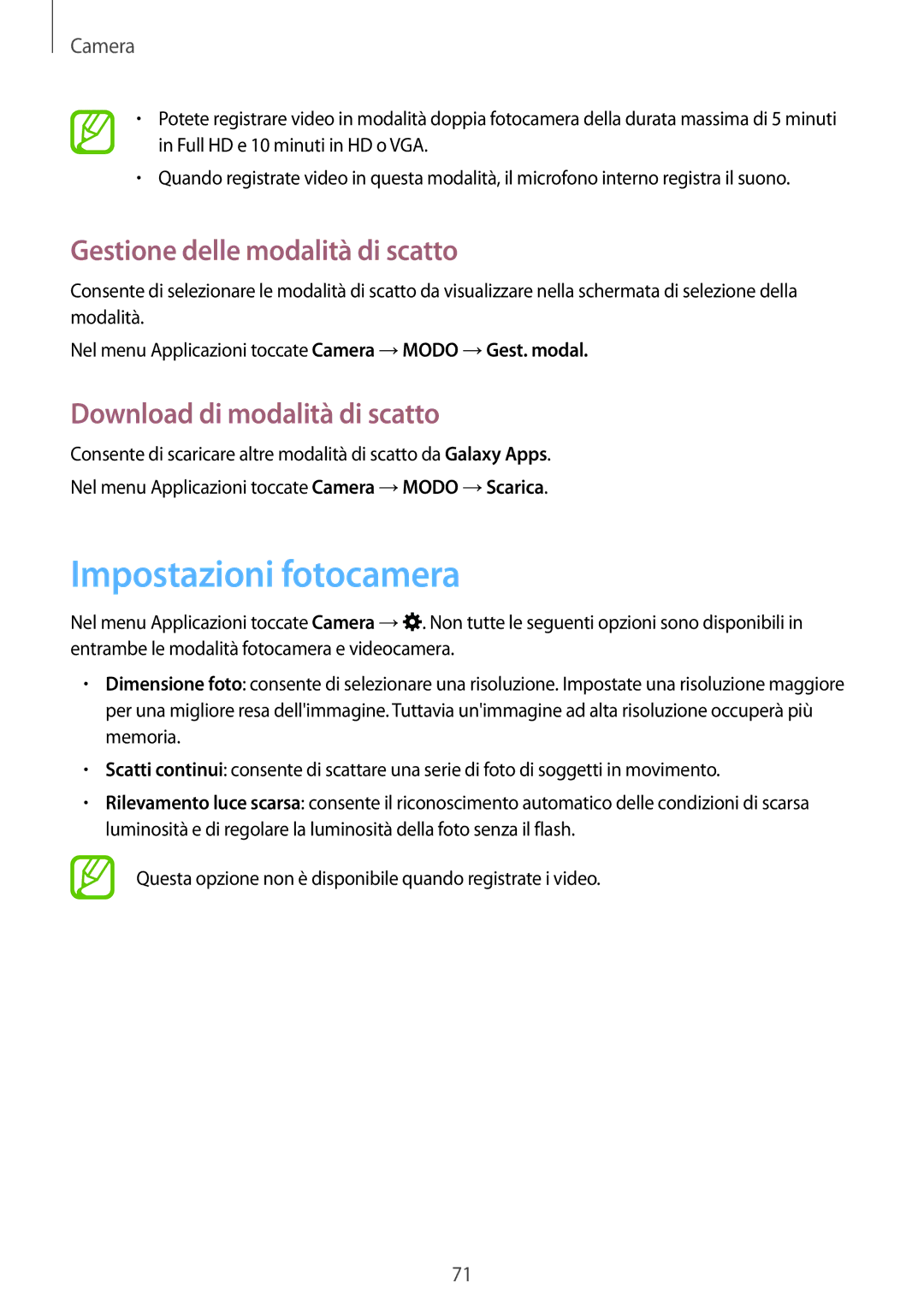 Samsung SM-T700NTSATUR manual Impostazioni fotocamera, Gestione delle modalità di scatto, Download di modalità di scatto 