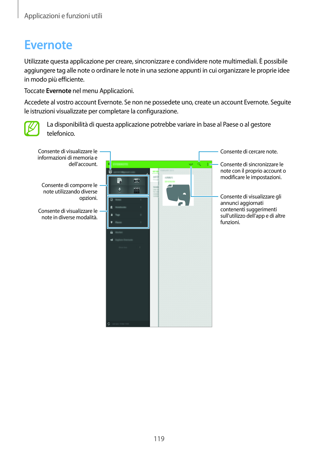Samsung SM-T700NZWAITV manual Evernote, Applicazioni e funzioni utili, dellaccount, opzioni, Consente di cercare note 
