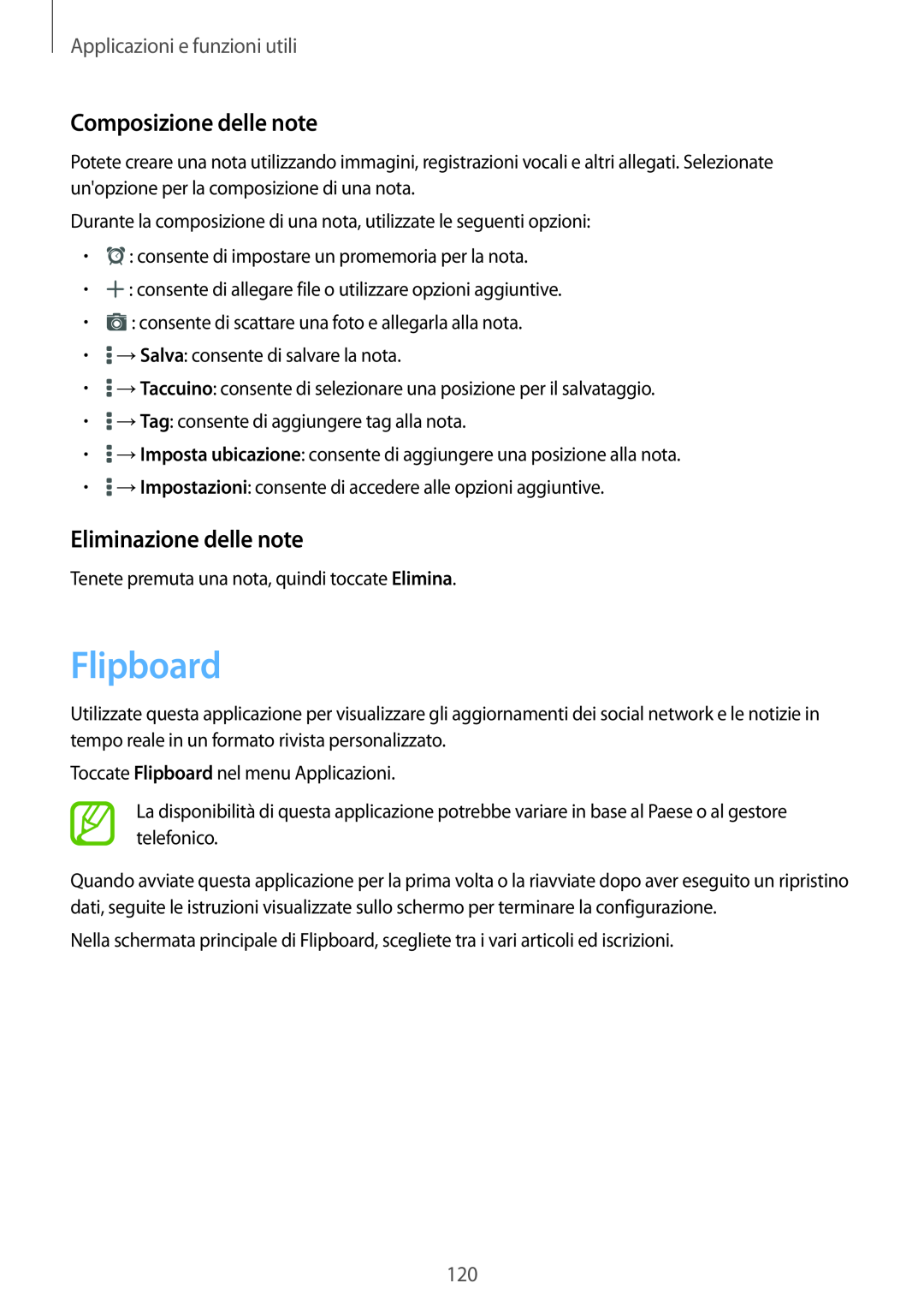 Samsung SM-T700NZWATUR manual Flipboard, Composizione delle note, Eliminazione delle note, Applicazioni e funzioni utili 