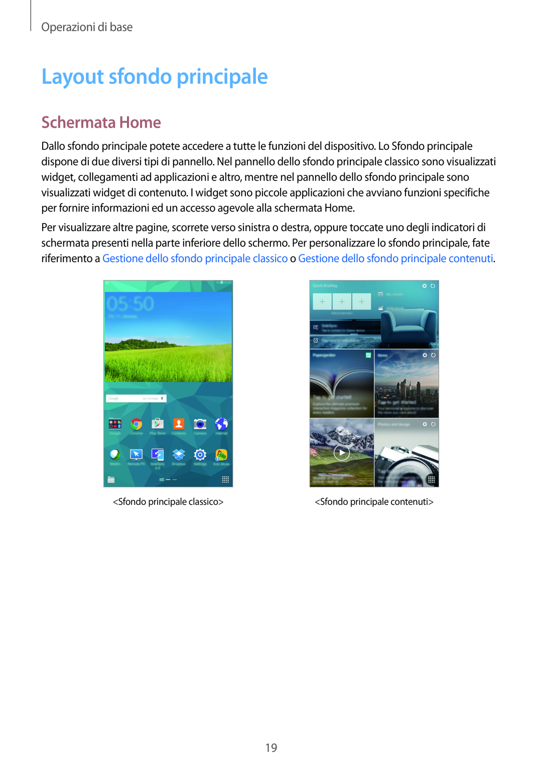 Samsung SM-T700NZWAITV, SM-T700NZWATUR, SM-T700NTSATUR manual Layout sfondo principale, Schermata Home, Operazioni di base 