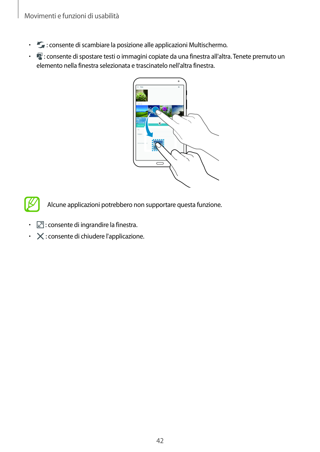 Samsung SM-T700NTSAXEO Movimenti e funzioni di usabilità, Alcune applicazioni potrebbero non supportare questa funzione 