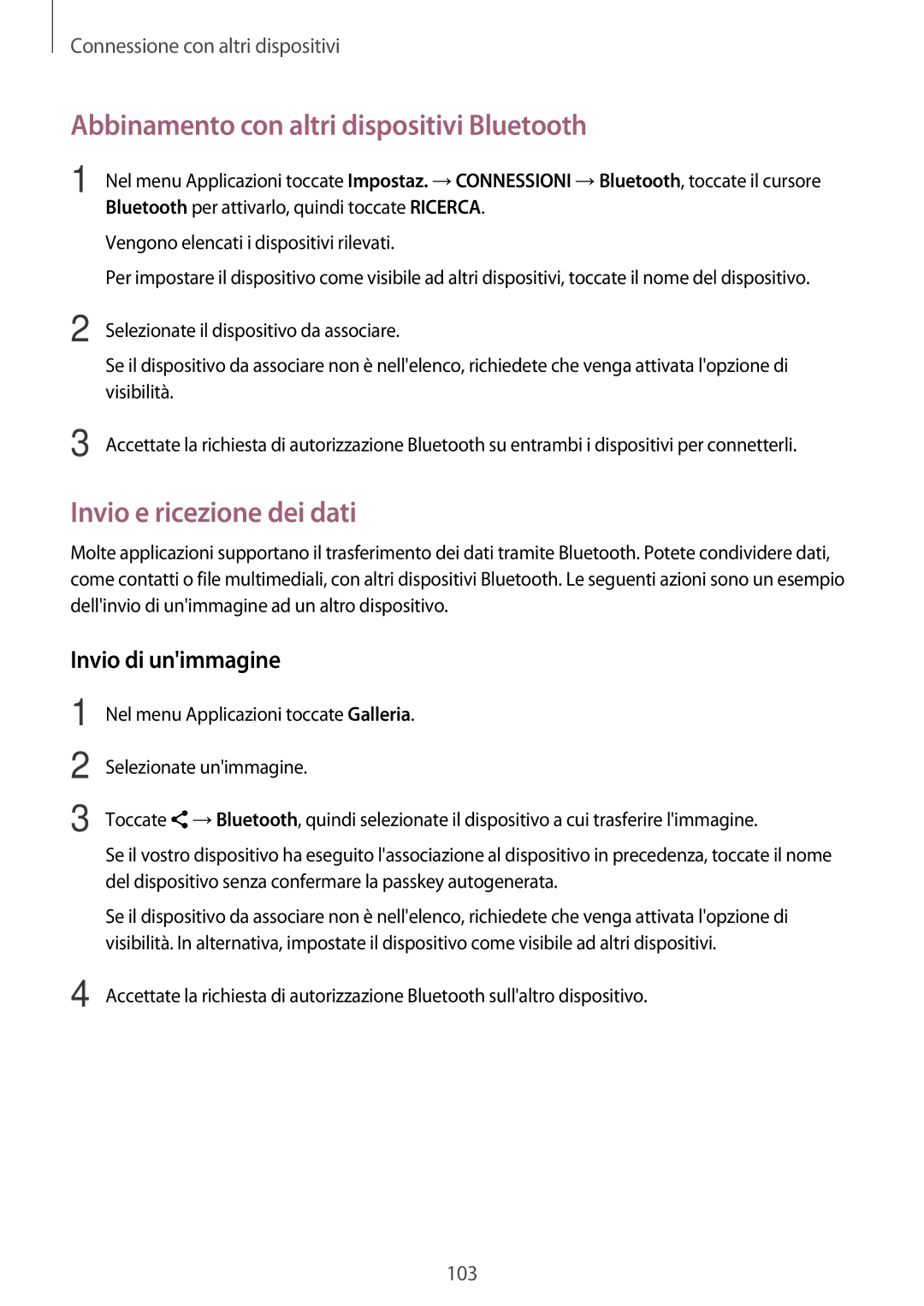 Samsung SM-T800NZWAITV manual Abbinamento con altri dispositivi Bluetooth, Invio e ricezione dei dati, Invio di unimmagine 