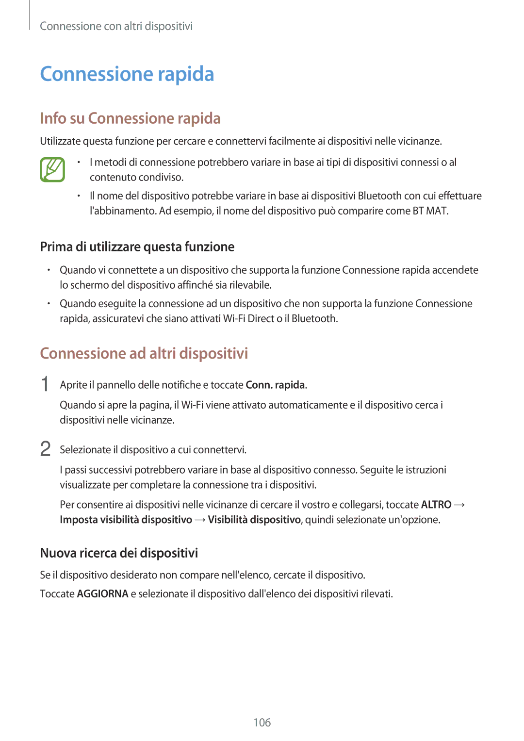 Samsung SM-T800NZWATUR Info su Connessione rapida, Prima di utilizzare questa funzione, Nuova ricerca dei dispositivi 