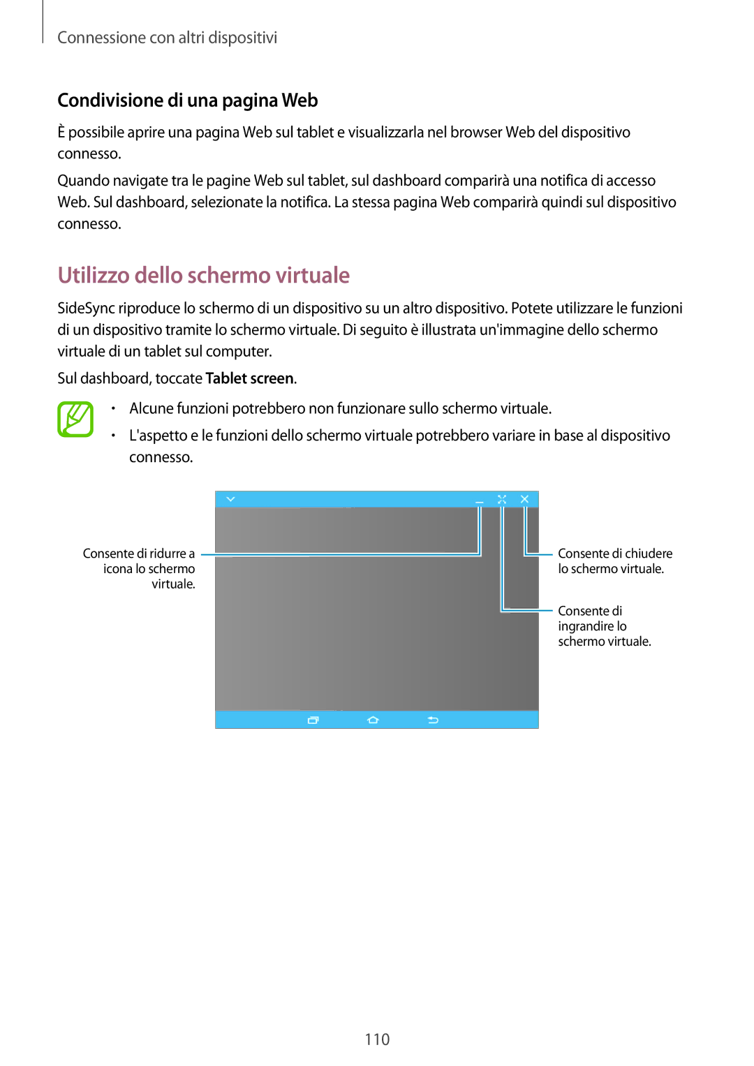 Samsung SM-T800NZWAXEO, SM-T700NZWATUR, SM-T800NZWADBT manual Utilizzo dello schermo virtuale, Condivisione di una pagina Web 