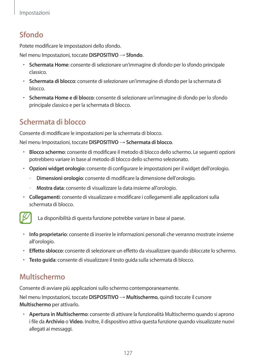 Samsung SM-T700NTSAITV, SM-T700NZWATUR, SM-T800NZWADBT, SM-T800NZWATUR manual Sfondo, Schermata di blocco, Multischermo 