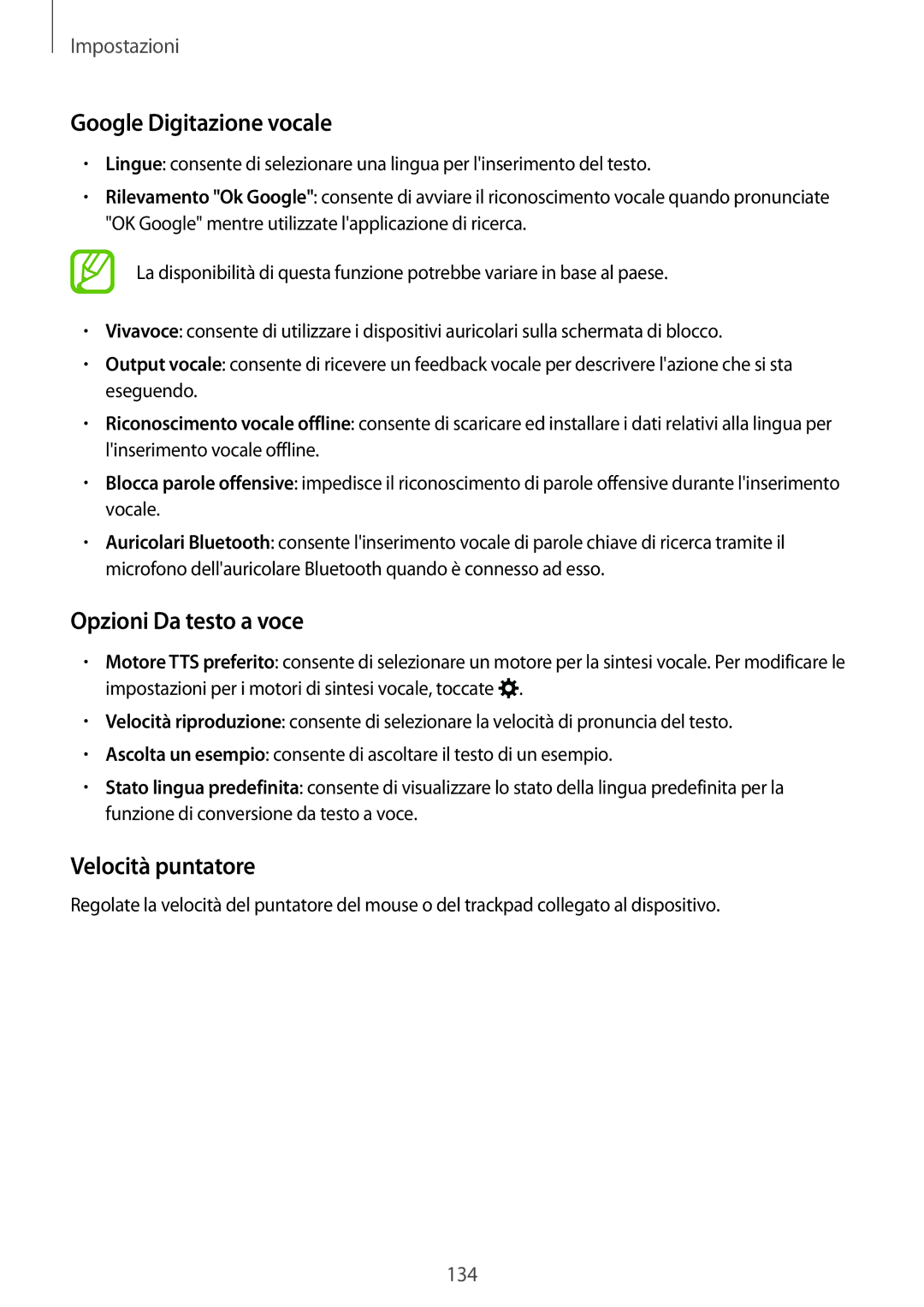 Samsung SM-T800NHAADBT, SM-T700NZWATUR manual Google Digitazione vocale, Opzioni Da testo a voce, Velocità puntatore 
