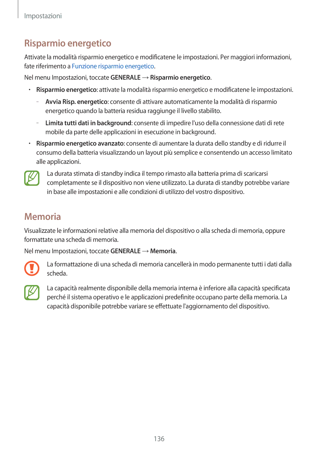 Samsung SM-T800NZWAXEO, SM-T700NZWATUR, SM-T800NZWADBT, SM-T800NZWATUR, SM-T700NTSATUR manual Risparmio energetico, Memoria 