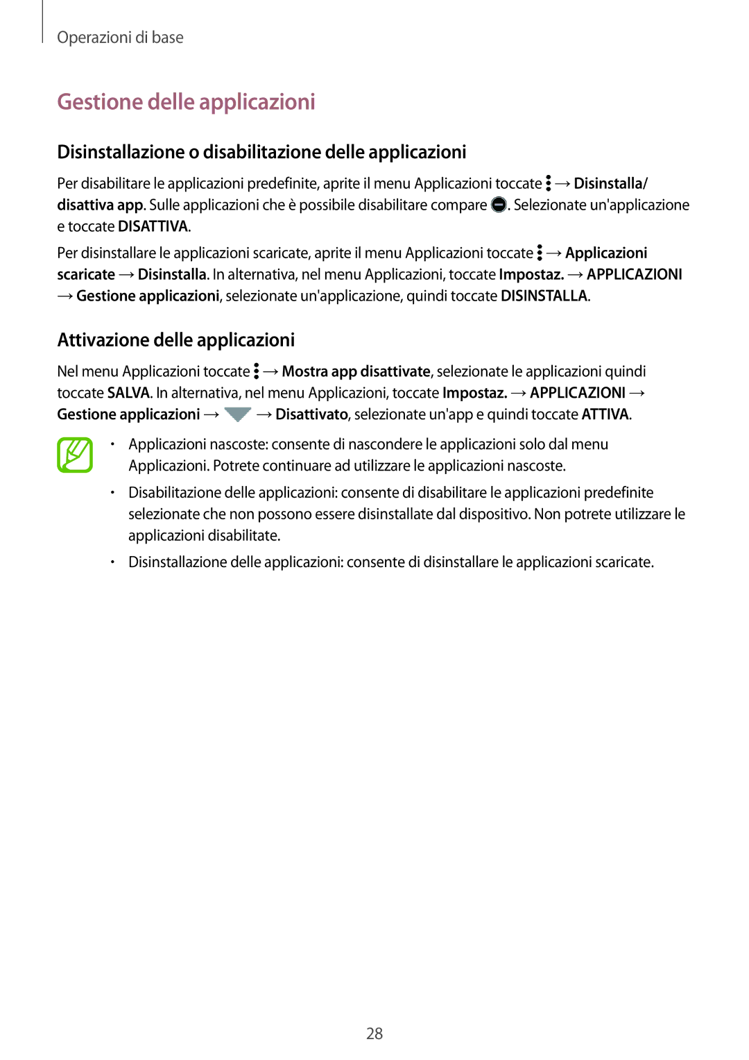 Samsung SM-T800NZWATUR, SM-T700NZWATUR Gestione delle applicazioni, Disinstallazione o disabilitazione delle applicazioni 