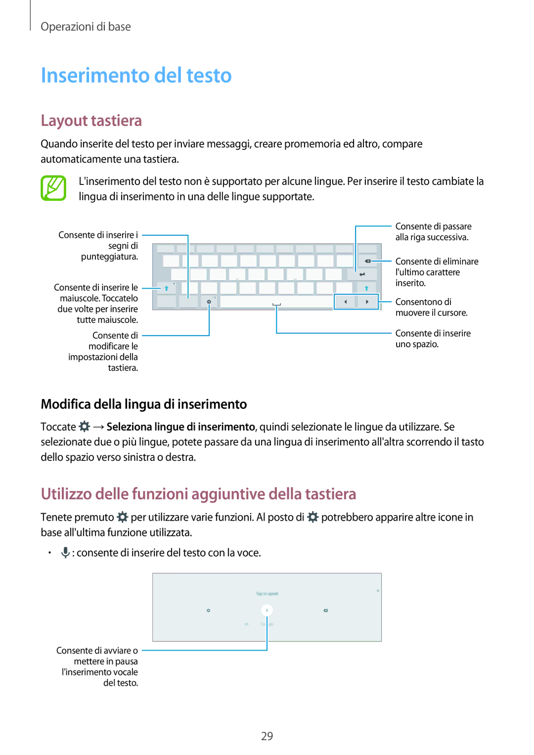 Samsung SM-T700NTSATUR manual Inserimento del testo, Layout tastiera, Utilizzo delle funzioni aggiuntive della tastiera 