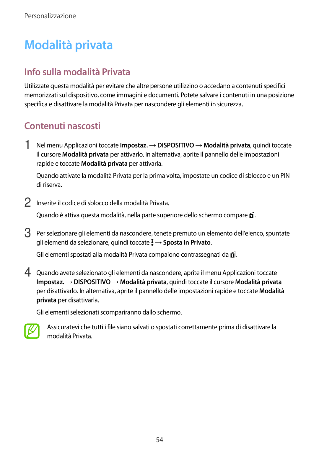 Samsung SM-T800NZWATUR, SM-T700NZWATUR, SM-T800NZWADBT Modalità privata, Info sulla modalità Privata, Contenuti nascosti 