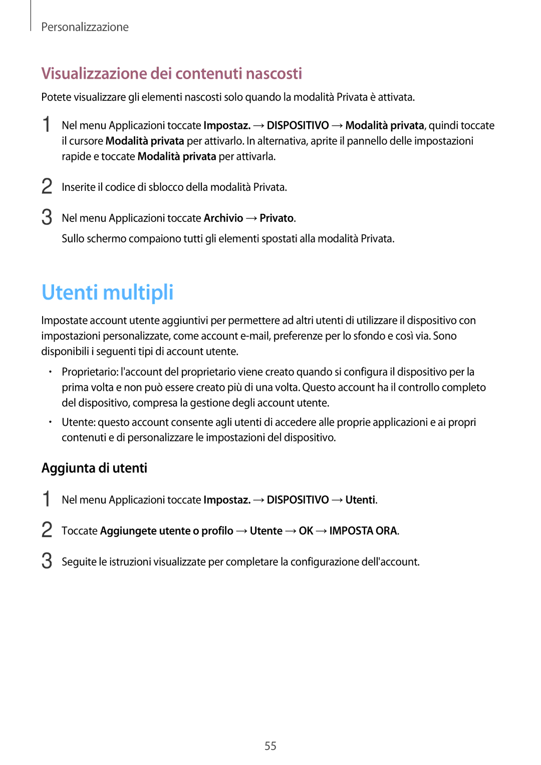 Samsung SM-T700NTSATUR, SM-T700NZWATUR manual Utenti multipli, Visualizzazione dei contenuti nascosti, Aggiunta di utenti 