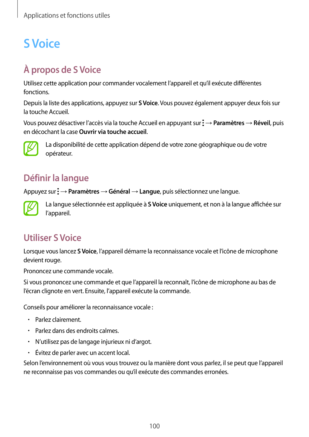 Samsung SM-T700NTSAXEF, SM-T700NZWAXEF, SM-T700NHAAXEF manual Propos de S Voice, Définir la langue, Utiliser S Voice 