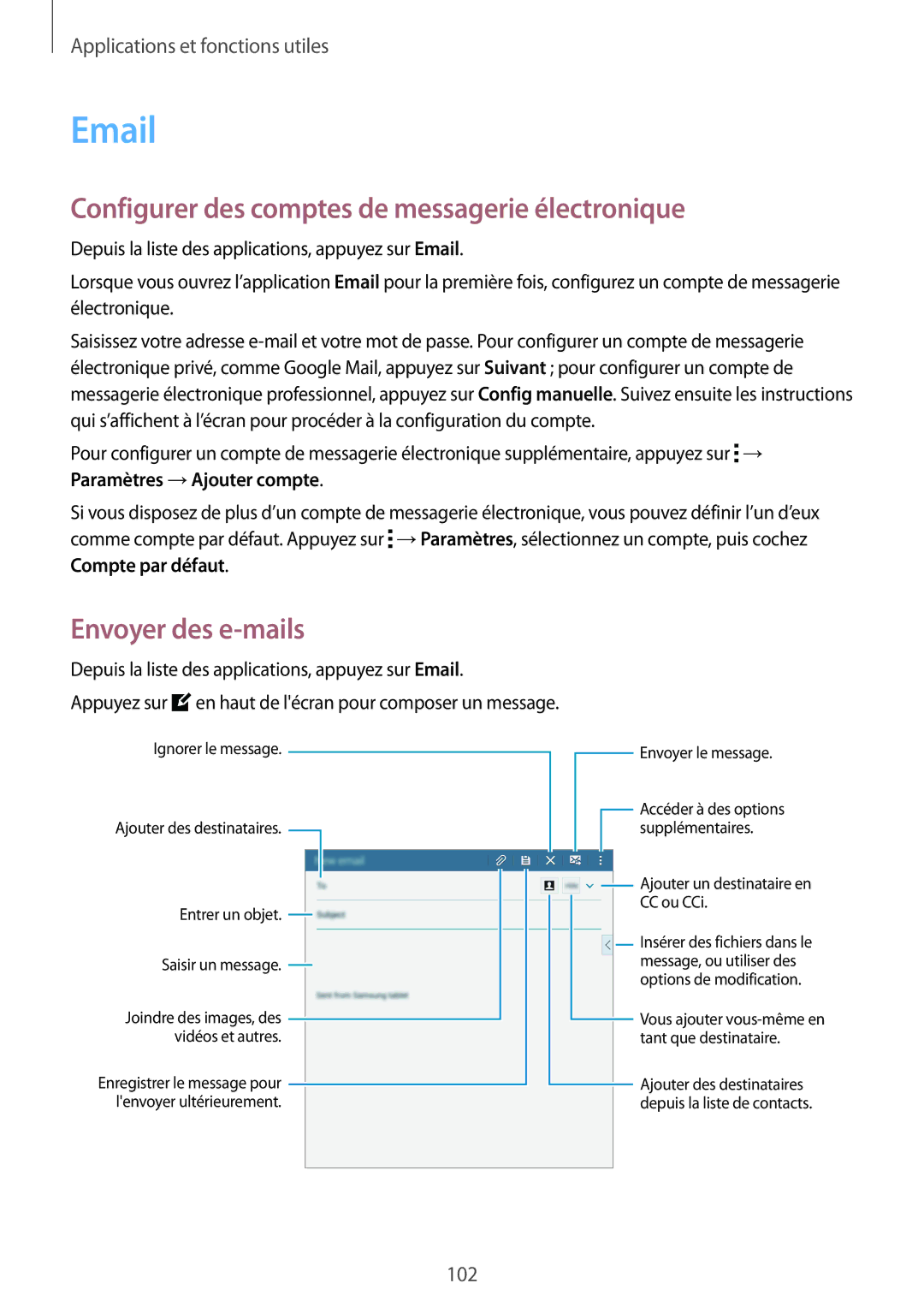 Samsung SM-T700NZWAXEF, SM-T700NTSAXEF manual Configurer des comptes de messagerie électronique, Envoyer des e-mails 