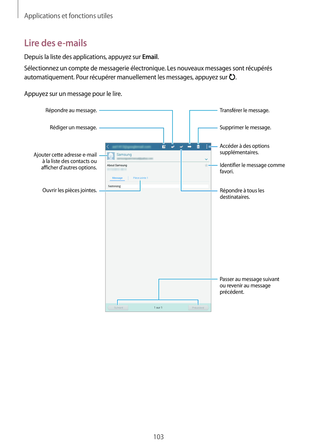 Samsung SM-T700NTSAXEF, SM-T700NZWAXEF manual Lire des e-mails, Depuis la liste des applications, appuyez sur Email 