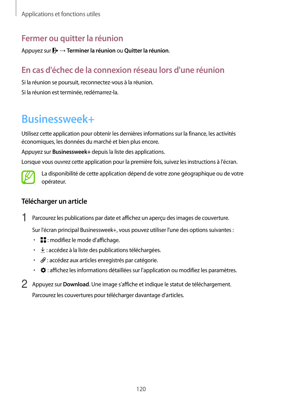 Samsung SM-T700NZWAXEF Businessweek+, Fermer ou quitter la réunion, En cas déchec de la connexion réseau lors dune réunion 