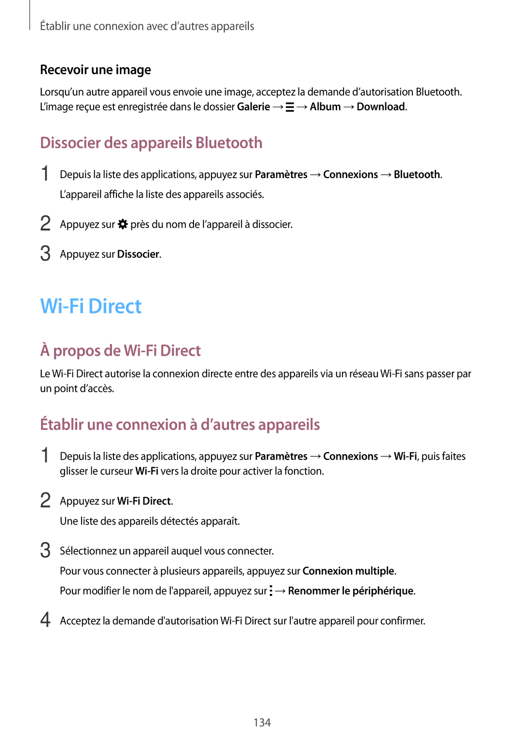 Samsung SM-T700NHAAXEF, SM-T700NZWAXEF Dissocier des appareils Bluetooth, Propos de Wi-Fi Direct, Recevoir une image 