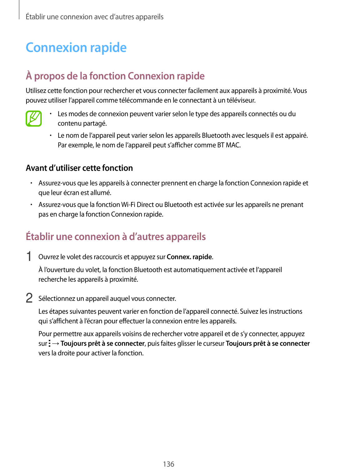 Samsung SM-T700NTSAXEF, SM-T700NZWAXEF manual Propos de la fonction Connexion rapide, Avant d’utiliser cette fonction 