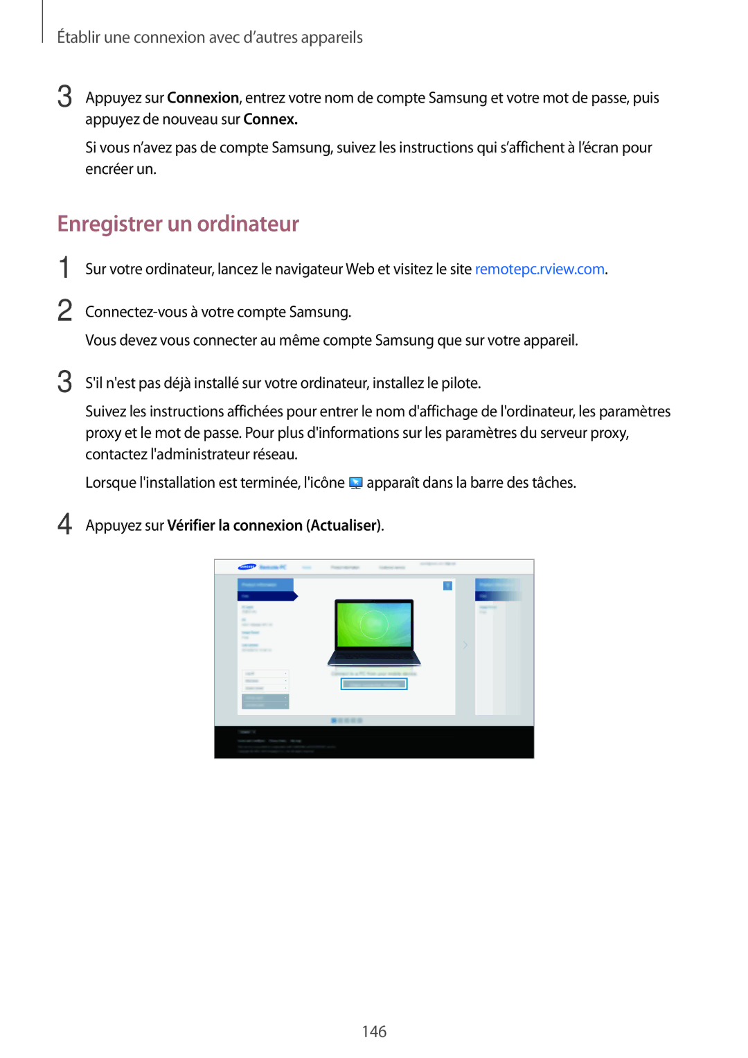 Samsung SM-T700NHAAXEF, SM-T700NZWAXEF manual Enregistrer un ordinateur, Appuyez sur Vérifier la connexion Actualiser 