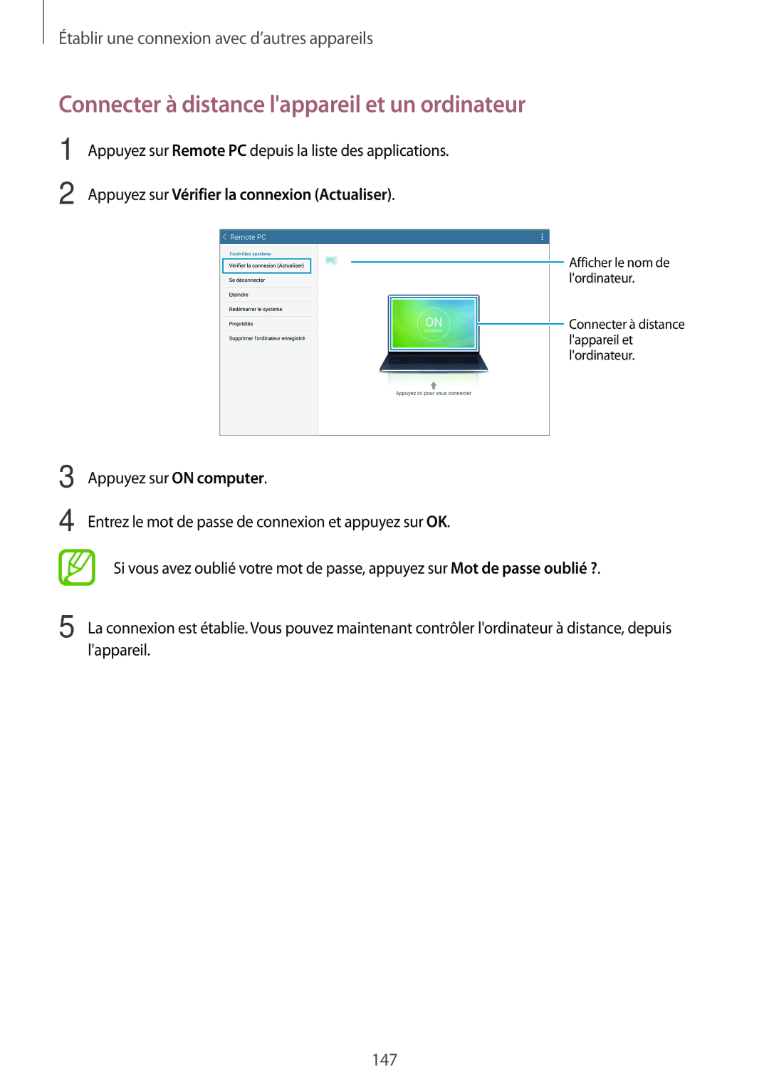 Samsung SM-T700NZWAXEF, SM-T700NTSAXEF, SM-T700NHAAXEF manual Connecter à distance lappareil et un ordinateur 