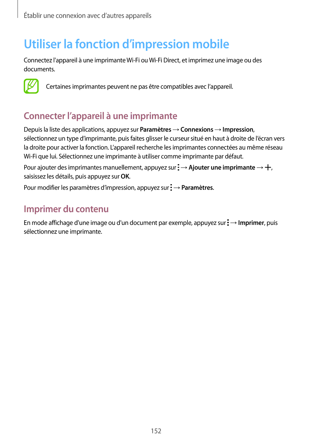 Samsung SM-T700NHAAXEF, SM-T700NZWAXEF Utiliser la fonction d’impression mobile, Connecter l’appareil à une imprimante 