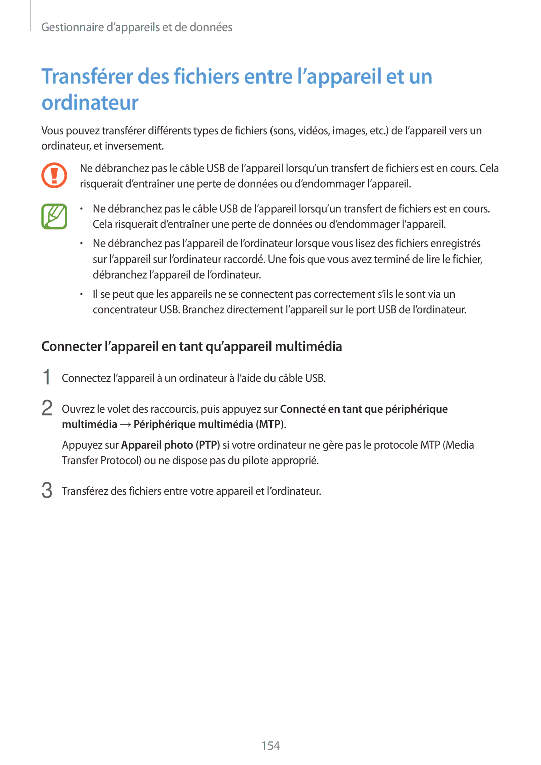 Samsung SM-T700NTSAXEF, SM-T700NZWAXEF, SM-T700NHAAXEF manual Transférer des fichiers entre l’appareil et un ordinateur 