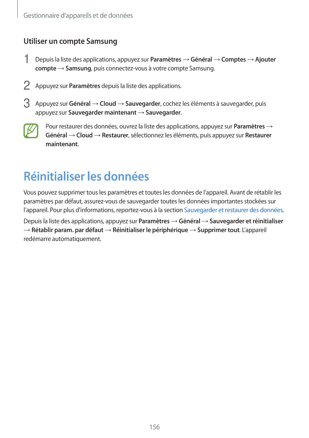 Samsung SM-T700NZWAXEF, SM-T700NTSAXEF, SM-T700NHAAXEF manual Réinitialiser les données, Utiliser un compte Samsung 