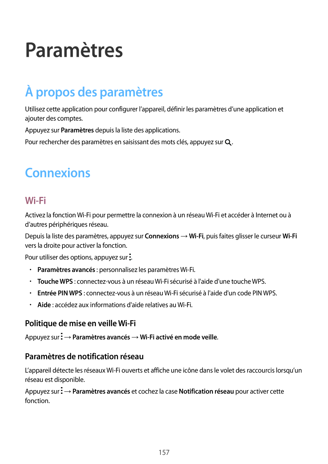 Samsung SM-T700NTSAXEF, SM-T700NZWAXEF, SM-T700NHAAXEF manual Paramètres, Propos des paramètres, Connexions, Wi-Fi 