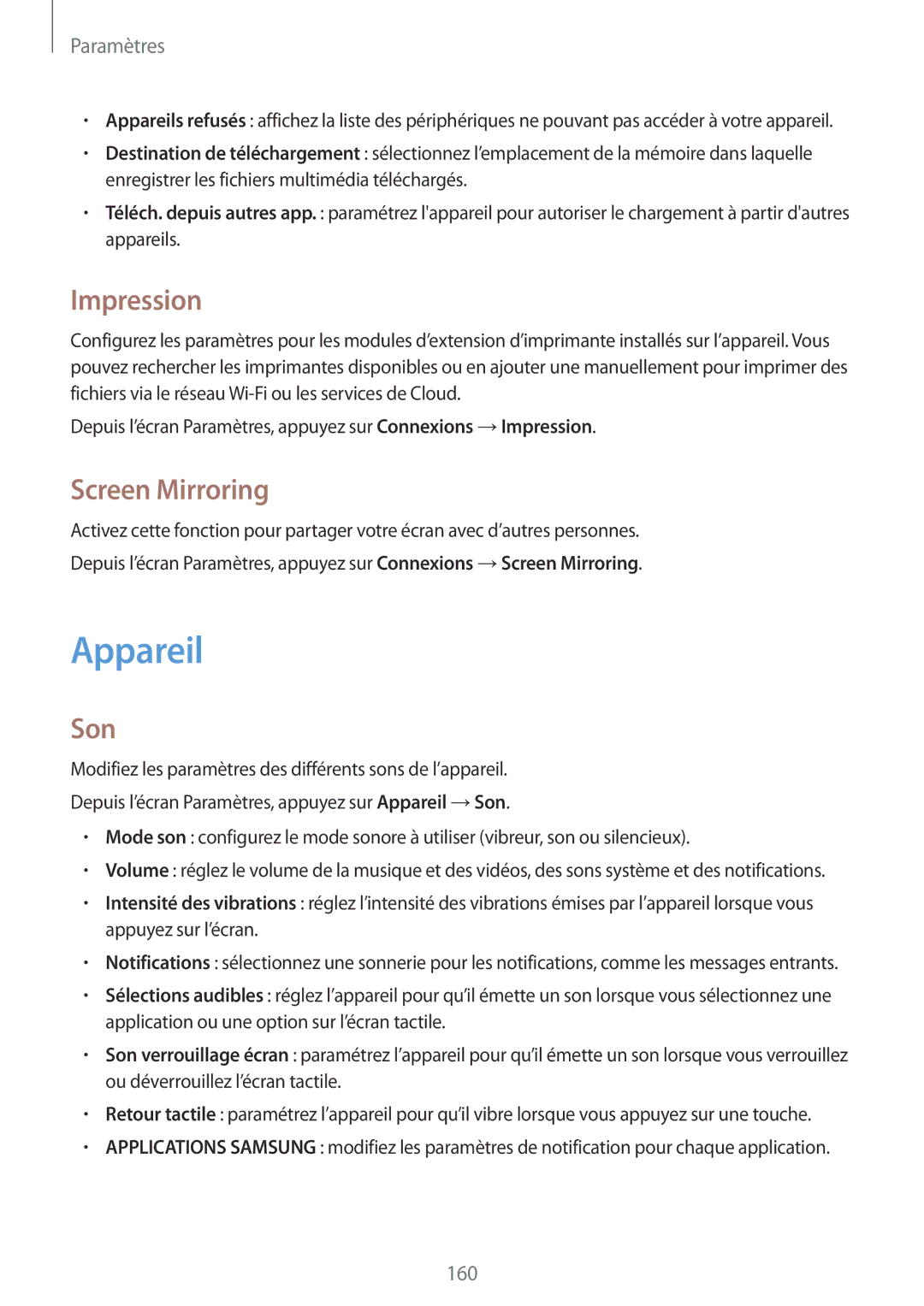 Samsung SM-T700NTSAXEF, SM-T700NZWAXEF, SM-T700NHAAXEF manual Appareil, Impression, Screen Mirroring, Son 