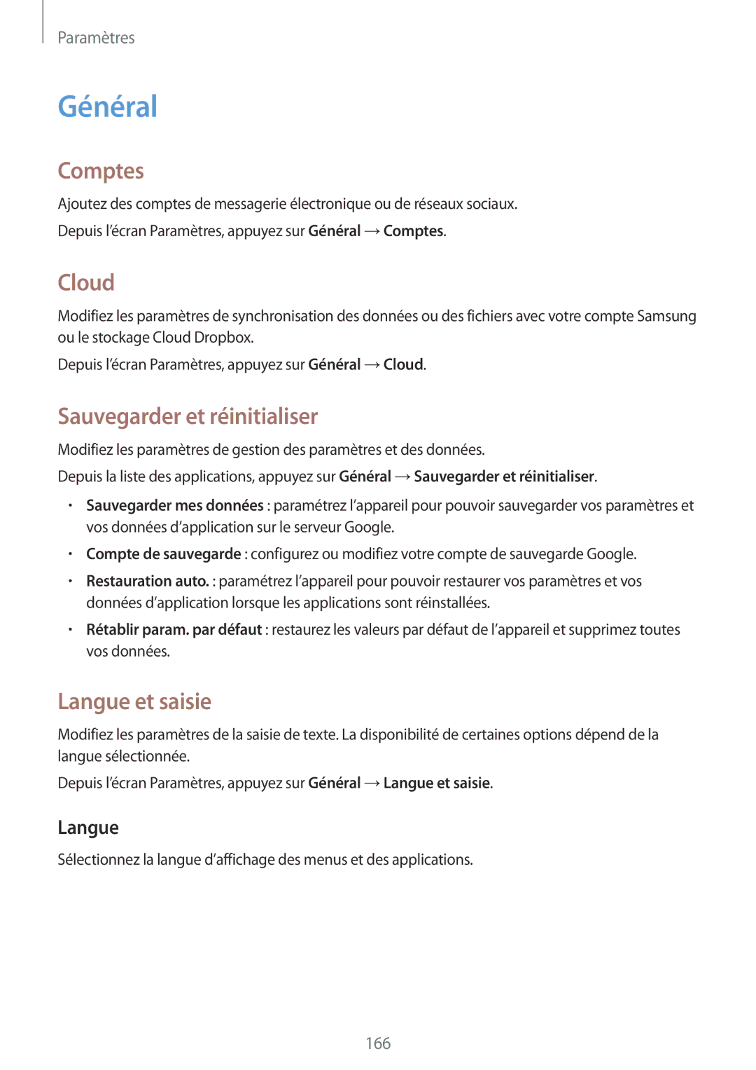 Samsung SM-T700NTSAXEF, SM-T700NZWAXEF manual Général, Comptes, Cloud, Sauvegarder et réinitialiser, Langue et saisie 