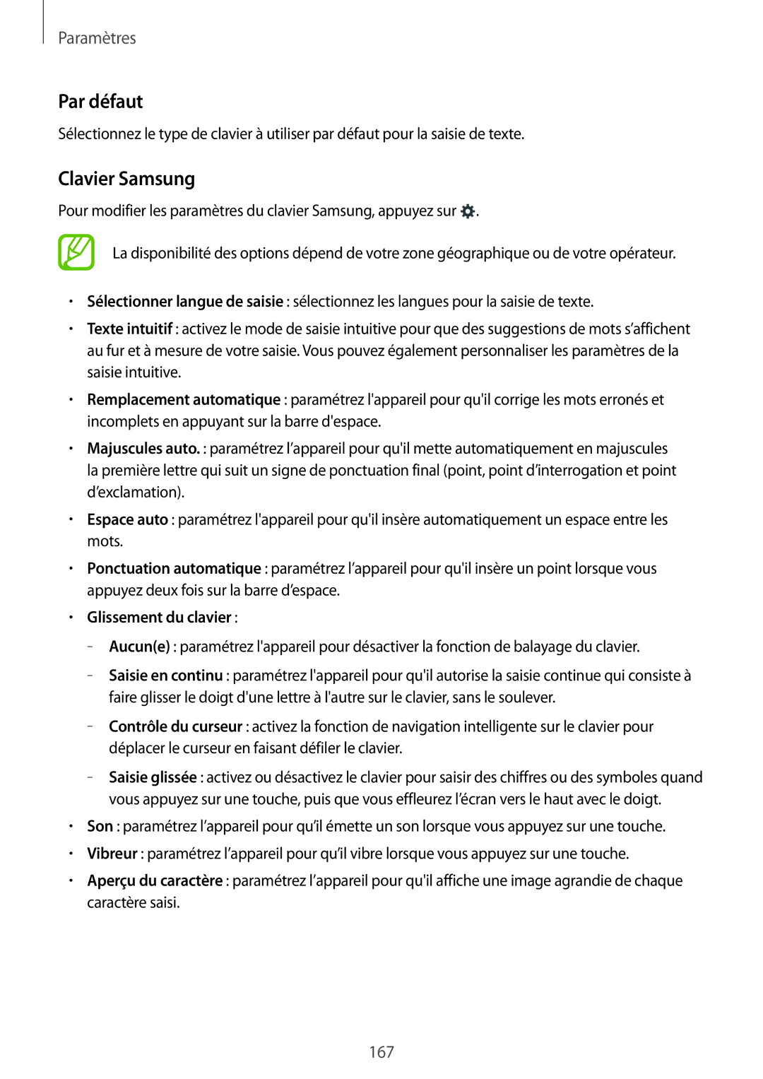 Samsung SM-T700NHAAXEF, SM-T700NZWAXEF, SM-T700NTSAXEF manual Par défaut, Clavier Samsung, Glissement du clavier 