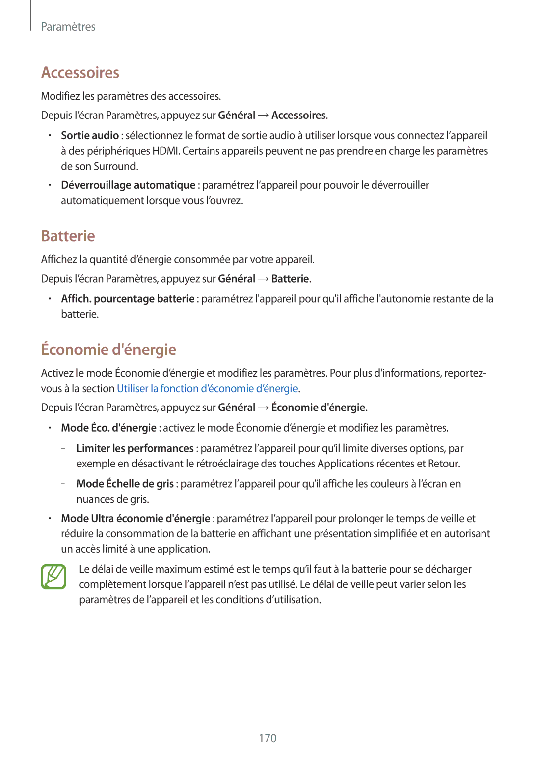 Samsung SM-T700NHAAXEF, SM-T700NZWAXEF, SM-T700NTSAXEF manual Accessoires, Batterie, Économie dénergie 