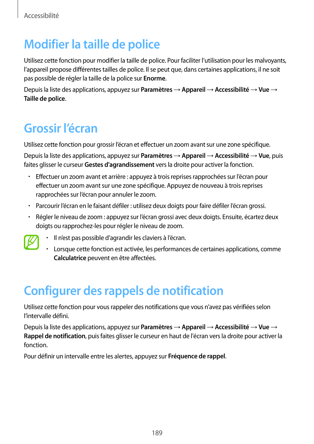 Samsung SM-T700NZWAXEF manual Modifier la taille de police, Grossir l’écran, Configurer des rappels de notification 