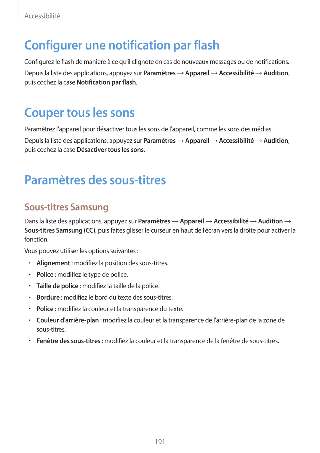 Samsung SM-T700NHAAXEF manual Configurer une notification par flash, Couper tous les sons, Paramètres des sous-titres 