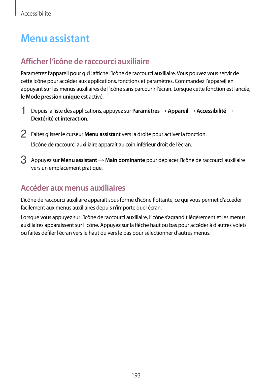 Samsung SM-T700NTSAXEF manual Menu assistant, Afficher l’icône de raccourci auxiliaire, Accéder aux menus auxiliaires 