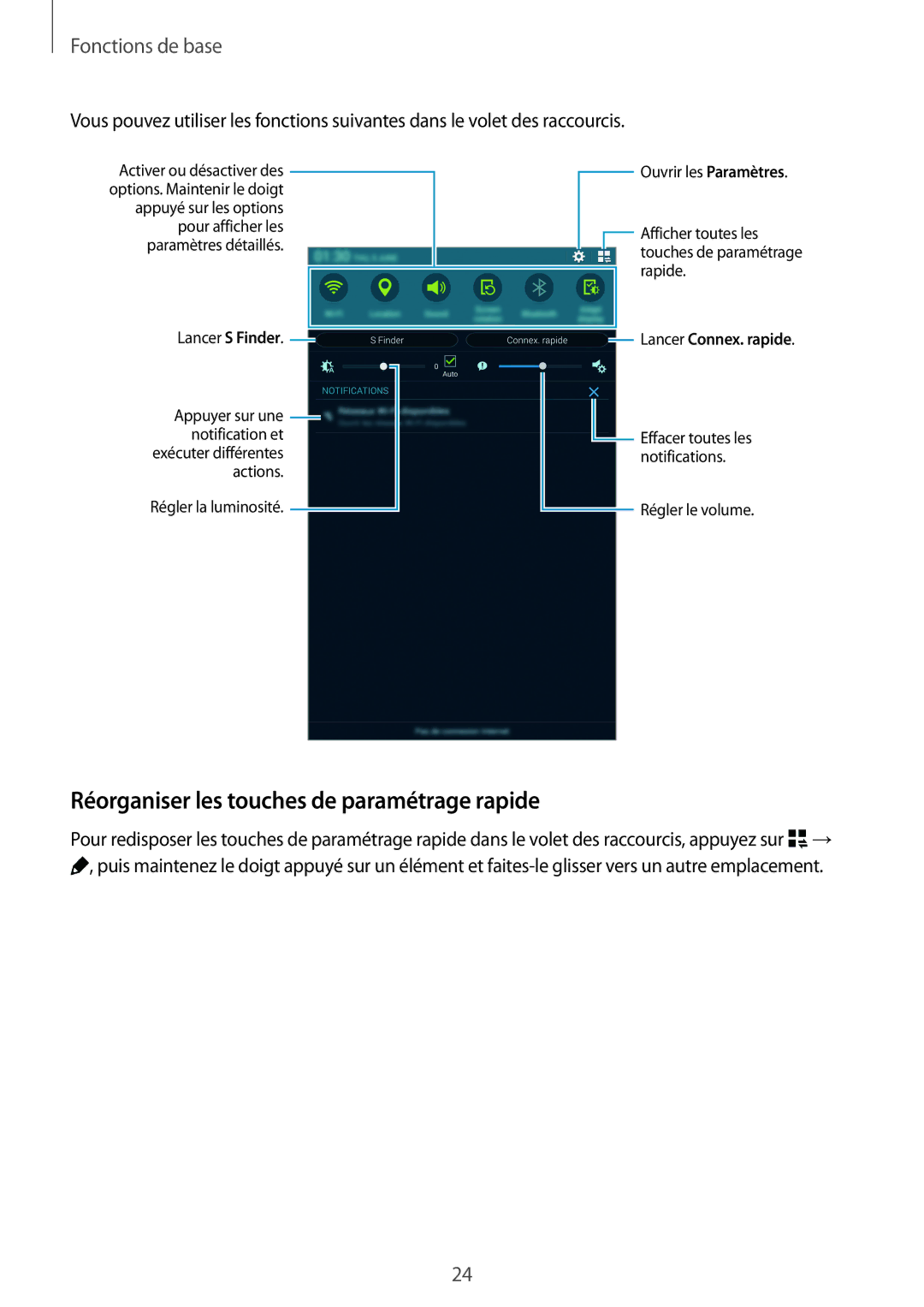 Samsung SM-T700NZWAXEF, SM-T700NTSAXEF, SM-T700NHAAXEF manual Réorganiser les touches de paramétrage rapide 